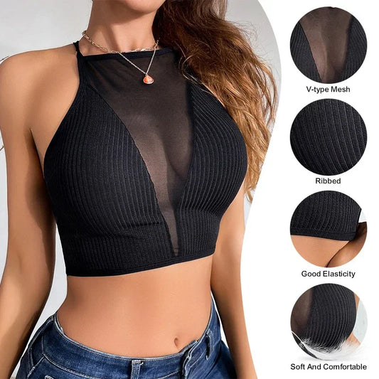 Top de corsé sexy sin mangas, negro, con hombros descubiertos, chaleco corto, camiseta sin mangas