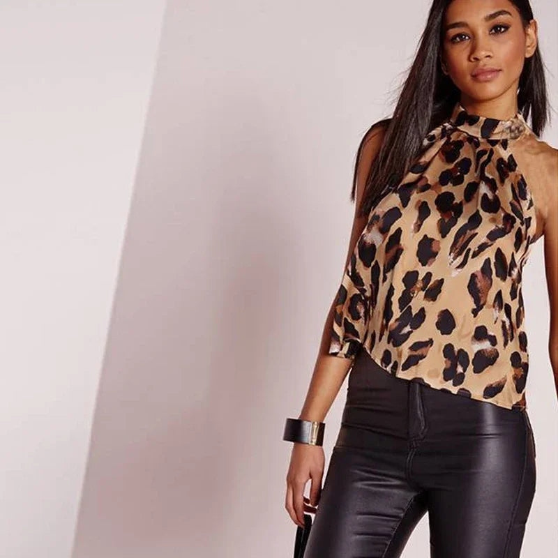 blusa sin mangas para mujer, blusa sexys con estampado de leopardo