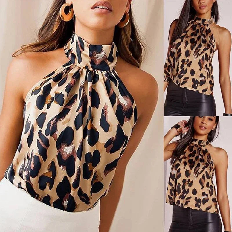 blusa sin mangas para mujer, blusa sexys con estampado de leopardo